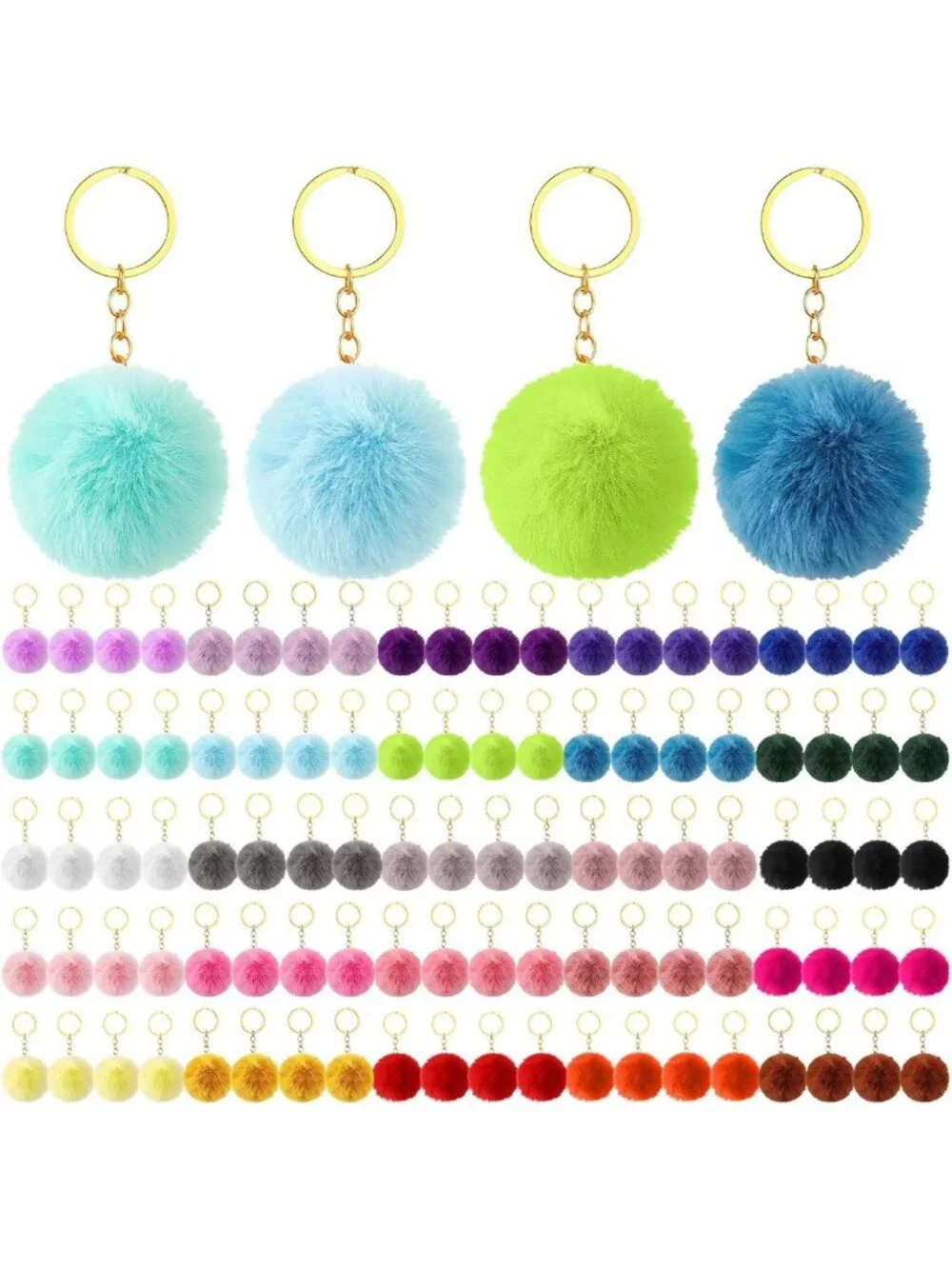 Colorful Pom Poms Keychains - 100 Pcs Fuzzy Ball Keyrings for DIY Gifts & Crafts